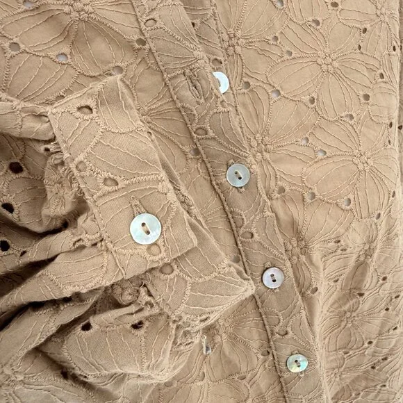 Serra By Joie Rucker Womens Dune Brown Embroidered Button-Up Blouse 3/4 Sleeves, - Picture 3 of 4